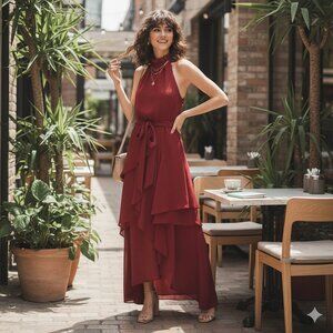 NWT C/MEO Ruby Red Halter Gown Backless Maxi Dress